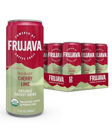 Frujava Organic Energy Drink, Trailblazin’ Cherry Lime, 80mg Natural Caffeine, 3g Prebiotic Fiber, 12oz Can, Powered by Coffee Fruit, Organic, Low Calorie, Outdoor Adventure Fuel (Pack of 12)