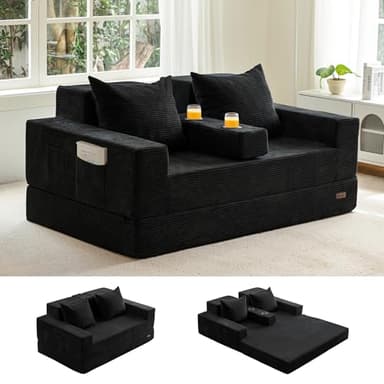MAXYOYO Loveseat Sofa Bed, 64" Foldable Floor Sofa Couch in A Box with 2 Cup Holders, 4 in 1 Convertible Boneless Couch Folding Recliner Sleeper Chair for Living Room, No Assembly Required, Black
