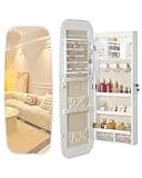 Nicetree LED Mirror Jewelry Cabinet, Rounded Jewelry Armoire Organizer, Wall or Door Mounted Jewelry Organizer with Interior Mirror, Lockable Wide Mirror with Jewelry Storage, 2 Drawers, Pure White