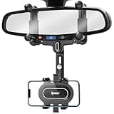 IPOW Large Rearview Mirror Phone Holder for Car 360°Rotatable and Retractable, 2023 Upgraded Four Corners Fixed Anti-Shake Multifunctional Design for Car Rearview Mirror with Button