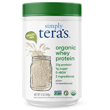 simply tera's Organic Whey Protein Powder - Grass Fed Whey Protein Powder Without Artificial Sweeteners, Unflavored, Non-GMO, Kosher, Gluten-Free - Plain Unsweetened 12 Oz.