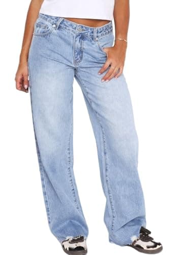Sxidecgqi Women's Mid Low Waist Baggy Jeans Wide Straight Leg Frayed Raw Hem Loose Boyfriends Denim Jeans Denim Pants Y2K 90S Casual Trousers(Light Blue S)