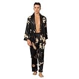 Haseil Men's Satin Robe with Pajama Pants Set Long Sleeve Silk Kimono Robe Soft Printed Bathrobe Lightweight Silky Sleepwear, Black, Tagsize L=Ussize S