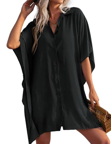 Ekouaer Women's Swim Coverup Bathing Suit Cover Ups 3/4 Sleeves Summer Swimwear Beachwear,Medium Black