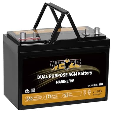 Weize Dual Purpose AGM Battery BCI Group 27M, 175RC 580CCA 12V 92AH Starter & Deep Cycle Sealed Marine & RV Battery