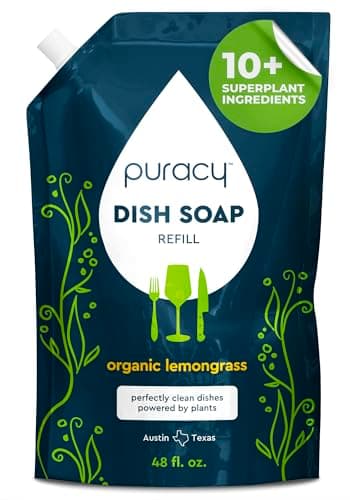 Puracy Natural Dish Soap Refill - Skin-Softening Plant-Based Liquid Dishwashing Detergent Soap, Clean-Rinsing Water-Sheeting Formula (Organic Lemongrass, 48 fl oz)