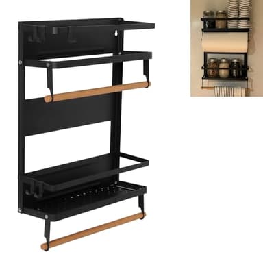 Garage Magnetic Rack Foldable, 2-in-1 Paper Towel Holder with Shelf, Garage Storage Organization, Heavy Duty Paper Towel Holder with 5 Removable Hooks for Tool Shed, Garage, Workbench, Kitchen