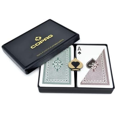 Copag 100% Plastic Playing Cards - Bridge Size (Narrow) Regular Index Green/Brown Double Deck Set