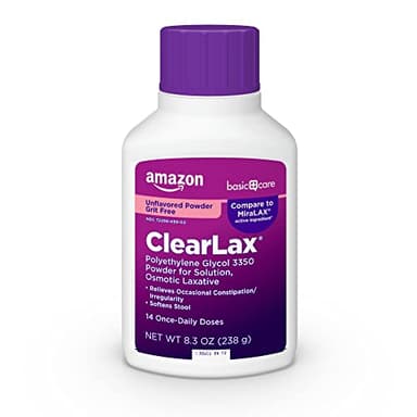 Amazon Basic Care ClearLax, Polyethylene Glycol 3350 Powder for Solution, Osmotic Laxative, Unflavored, 8.3 ounce (Pack of 1)