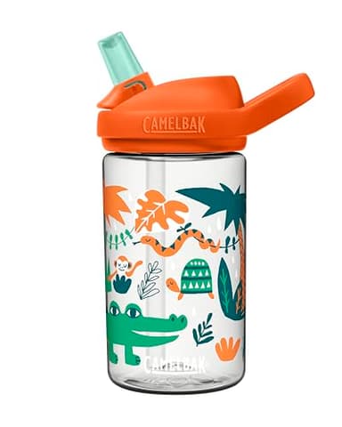 CamelBak Eddy+ Kids Bite Valve Straw Tritan Renew Water Bottle Orange Jungle Animals, 14oz