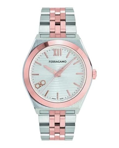 Ferragamo Collection Luxury Mens Watch Timepieces with a Two Tone Bracelet and Case Featuring a Silver Dial