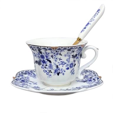 Noviko 6 oz Ceramic Tea Cups and Saucers Set Vintage Floral Teacup for Women