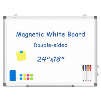 WALGLASS Double-Sided White Board, 24" x 18" Dry Erase Board Magnetic Whiteboard for Wall, Hanging Mounted Whiteboard Silver Aluminium Frame for Home, School, Office, Kitchen