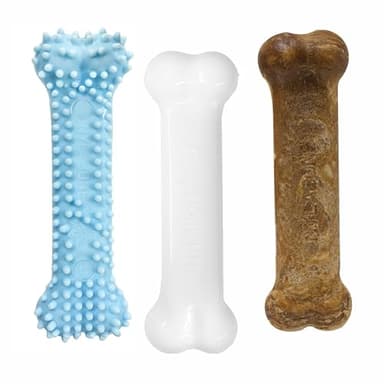 Nylabone New Puppy Starter Kit, Chew Toys & Natural Chew Treat for Puppies, Puppy Enrichment Teething Toys, Blue, Long Lasting Chicken & Bacon Flavor, Small Dogs - Up to 25 Ibs, 3 Pack