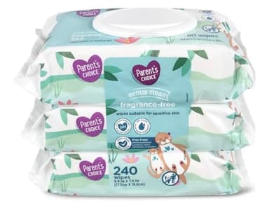 Parent's Choice Gentle Clean Fragrance-free Unscented No Scent Baby Wet Wipes Suitable for Sensitive Skin Infused with Vitamin E and Aloe, 240 Count (Value Pack Includes 3 80-Count Packages) - 1 Pack