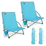 LANMOUNTAIN 2 Pack Low Beach Chair,Folding Recliner Camping Chair for Adults,Lightweight Backpacking Low Seat Camping Chairs with Cup Holder, Carry Bag for Outdoor Camp Lawn Picnic Festival,Blue