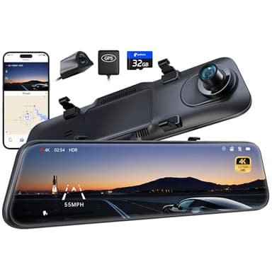 Pelsee P12 Pro 4K Mirror Dash Cam w/ADAS and BSD, 5.8GHz WiFi 20MB/s Download, Rear View Mirror Camera 4K Front and 1080P Rear, Voice Control, GPS, Color Night Vision, 12" Touch Screen,32G Memory Card