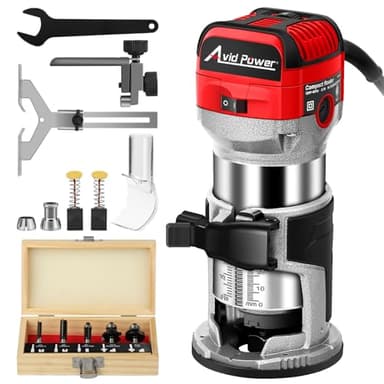 AVID POWER 6.5 Amp 1.25 HP Compact Router Tools for Woodworking, Fixed Base Wood Router with Trim Router Bits, 6 Variable Speeds, Edge Guide, Roller Guide, Dust Hood (Red, 65mm)