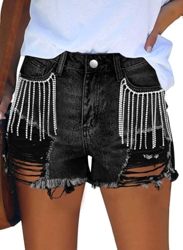 Womens Black Jean Shorts with Rhinestone Ripped Stretchy Summer Hot Denim Shorts (0, Black)