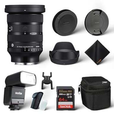 Sigma 24-70mm f2.8 DG DN II Art Lens Sony E, Full Frame Format, Six SLD Elements, Rounded 11-Blade, Godox Flash TT350S Mini, 64GB Extreme PRO Memory Card & Waith Cleaning Cloth (Bundle Set)
