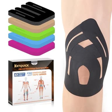 PreCut Kinesiology Tape for Knees, 12PCS Upgraded Waterproof KTQUICK Knee Tape for Knee Pain Relief Pre Cut, Original Cotton Athletic Knee Tape, Waterproof&Hypoallergenic Latex-Free for Sports (Black)