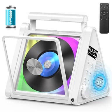 Greadio Portable CD Player,4000mAh Rechargeable CD Speaker with Bluetooth Vertical CD Player FM Radio/RGB Lights/Remote Control/Opt/USB/3.5mm Audio Jack/Handle for Home Music Lover