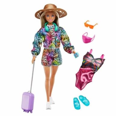 Barbie Doll & Accessories Set, Holiday Fun Summer Travel Fashion Doll, Blonde with Rainbow Jogger Top & Shorts, Swimsuit, Luggage & More