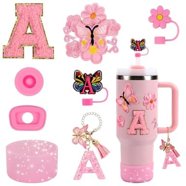 15PCS Cup Accessories Set for Stanley Cup 30oz 40oz Tumbler with Handle, Including Silicone Straw Cover and Boot, Spill Proof Stopper, Stanley Charms, Handle Charm, Initials Sticker (Letter A, Pink)
