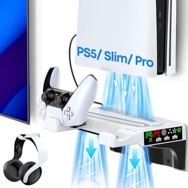 PS5 Wall Mount Kit with Cooling Fan & Controller Charging Station, PS5 Floating Shelf for PS5/Slim/Pro Disc & Digital Console, Mountable Behind PC Monitor for PS5 Accessories, Sega Genesis Consoles