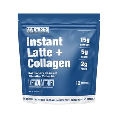 Strong Coffee Co. Dark Mocha Instant Latte | Organic Coffee with 15g Collagen Protein | Lion’s Mane & L-Theanine | Nootropic Instant Coffee | 12 Servings