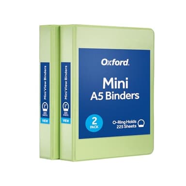 Oxford Mini View Binders, 1" Round Rings, Small Binders for School or Office, Holds A5 Size Paper, 2 Clear Pockets, PVC-Free, Non-Stick, 5.5 x 8.5 inches, Holds 225 Sheets, Green, 2 Pack (1017046)
