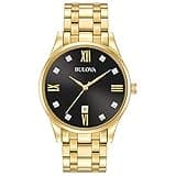 Bulova Men's Classic Gold Tone Stainless Steel 3-Hand Date Quartz Watch with Black Diamond Dial Style: 97D108