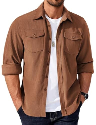 COOFANDY Casual Jackets for Men Lightweight Overshirts Long Sleeve Corduroy Shirt Button up Shirt with Flap Pockets