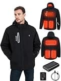 Omdur Soft Shell Heated Jacket for Men with 12V Battery Pack and Detachable Hood Outdoor Electric Heating Coat(Black,Large)