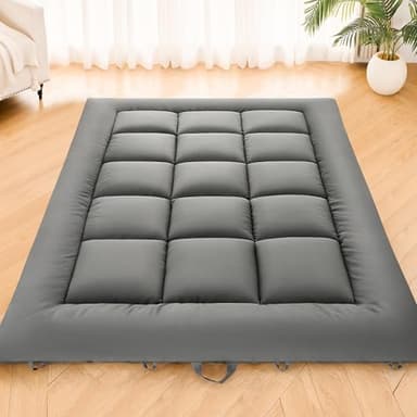 DOWNSTORIA Japanese Floor Mattress, Foldable Futon Mattress Tatami Mat with Handle, Roll Up Dormitory Sleeping Pad for Camping, Guestroom Bed, Queen Size, Grey