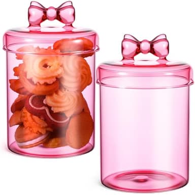 Meanplan 2 Pack Glass Candy Jar Storage Containers with Airtight Lid 30 oz Cute Food Storage Organizers for Hot Cocoa Bar Supplies, Overnight Oats,Kitchen Cookies,Coffee Beans,Dry Goods,Tea(Pink Bow)