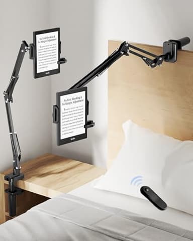Bongogoo Kindle Holder with Remote Page Turner – Kindle Stand with Remote Page Turner for Bed, Hands-Free Clip Mount, Easy-Adjust Steel Arm (Not Gooseneck), No Text Blocking