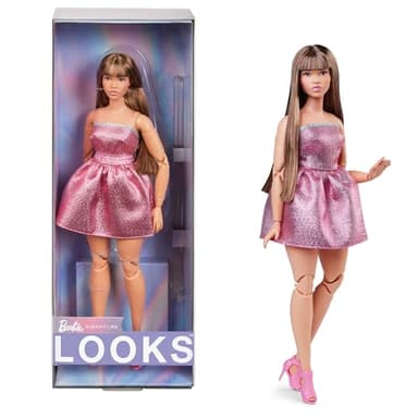 Barbie Looks Doll, Collectible No. 24 with Brown Hair & Modern Y2K Fashion, Shimmery Pink Strapless Dress with Peep-Toe Heels