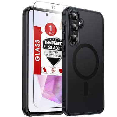 LeYi for Galaxy A35-5G Phone Case: Samsung A35 5G Case [Magnet Fit] with Screen Protector & Raised Camera Guard, Frosted Translucent Soft-Touch Skin & Full Body Protection Funda para A 35, Black