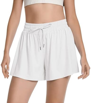 Women's Quick Dry Running Stretchy Shorts Breathable Double Layer Loose Jogging Flowy Shorts That Don't Ride Up Thighs White L