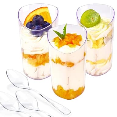 Legredic 50 Pack Mini Dessert Cups with Spoons, 3 oz Clear Plastic Parfait Appetizer Cups, Small Reusable Shooter Serving bowls for Tasting, Slanted Triangle Dessert Shot Glasses