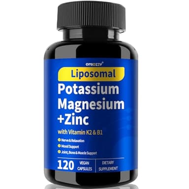 Potassium Magnesium Supplement, 1600mg Liposomal Magnesium Aspartate, Potassium Chloride, with Zinc, K2, Vitamin B1 for High Blood Pressure, Support Vascular, Bone & Leg Cramps, 120 Veg Capsules
