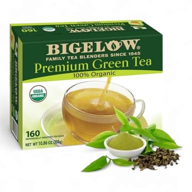 Bigelow Organic Green Tea Bags – 160 Count Premium Blend, Individually Wrapped – Custom Bundled by MOOCHI