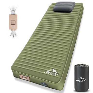 AKUDY Self Inflating Sleeping Pad with Electric Pump, 4" Ultra-Thick Memory Foam Camping Pad with Pillow, 9.5 R-Value Insulated Camping Mattress, Army Yellow