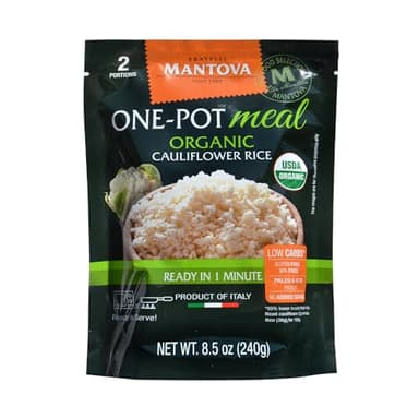 Mantova Organic Cauliflower Rice, 8.5 oz. (Pack of 6), Product of Italy, One-Pot Meal, Microwaveable, Ready-in-Minutes Cauliflower Rice, All-Natural, Healthy Rice Alternative, Ideal for Soups, Stews, Side Dishes, Salads, Rice Bowls, Breakfast Bowls and More, Gluten-Free, Low-Calorie, Low-Carb, Nutrient-Rich, High-Fiber, Vegan, Paleo, No Artificial Coloring, Flavoring or Preservatives