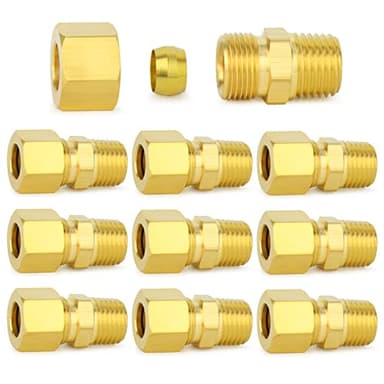 ChillWaves Brass Compression Tube Fitting, 1/4" OD x 1/8" NPT Male Compression Union Connector(10-PACK)