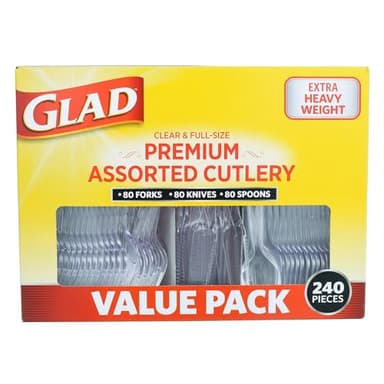 Glad Clear Disposable Cutlery Set with Heavy Duty Plastic Forks, Knives, and Spoons, Reusable Dishwasher Safe Plastic Utensils for Parties and Everyday Use, 240 Count