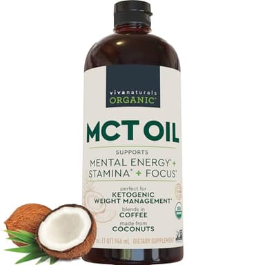 Viva Naturals Organic MCT Oil, 32 fl oz – MCT Oil for Coffee, USDA Organic, Non-GMO, Paleo Certified & Keto Friendly, Supports Energy & Mental Clarity