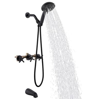 FSCEPIXI 3 Handles Shower Tub Kit,Tub and Shower Faucet Set with 8-Setting Handheld Shower Head and Tub Spout,Matte Black