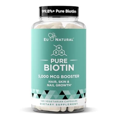 Biotin 5000 mcg Hair Skin Nails Supplement – High-Potency Hair Growth Vitamins for Women & Men – Provide Powerful Support for Healthy Hair, Stronger Nails and Glowing Skin – 120 Vegan Soft Capsules